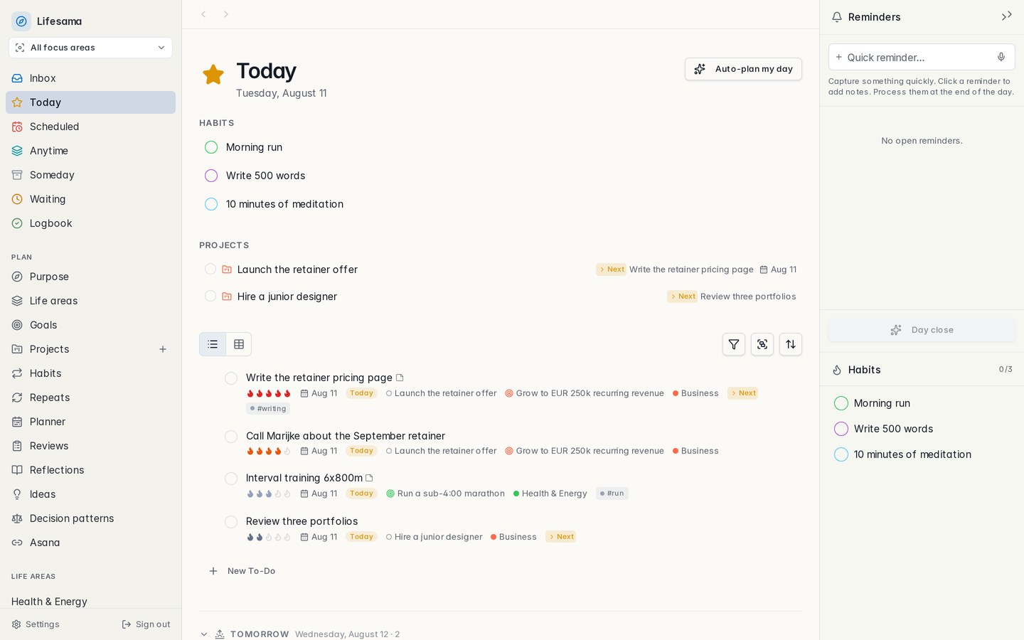 Lifesama Today list with habits, projects and next actions
